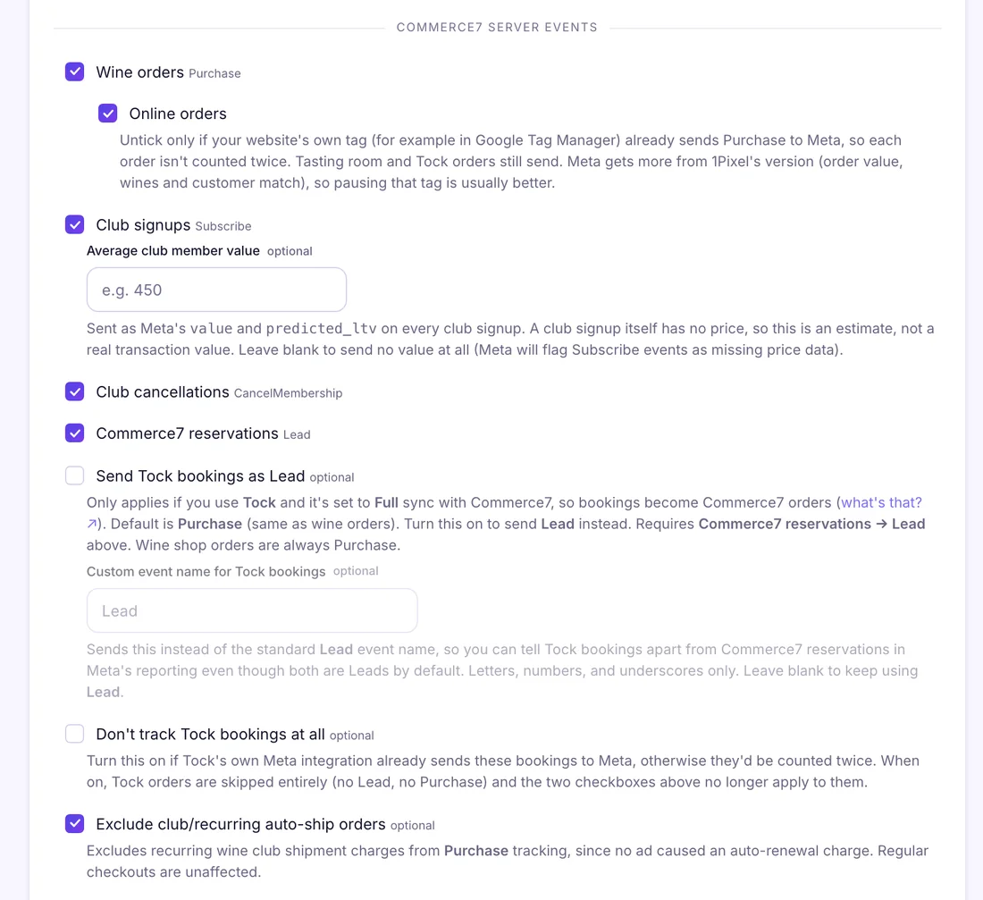 Configuration options for wine orders, club signups, reservations and Tock bookings