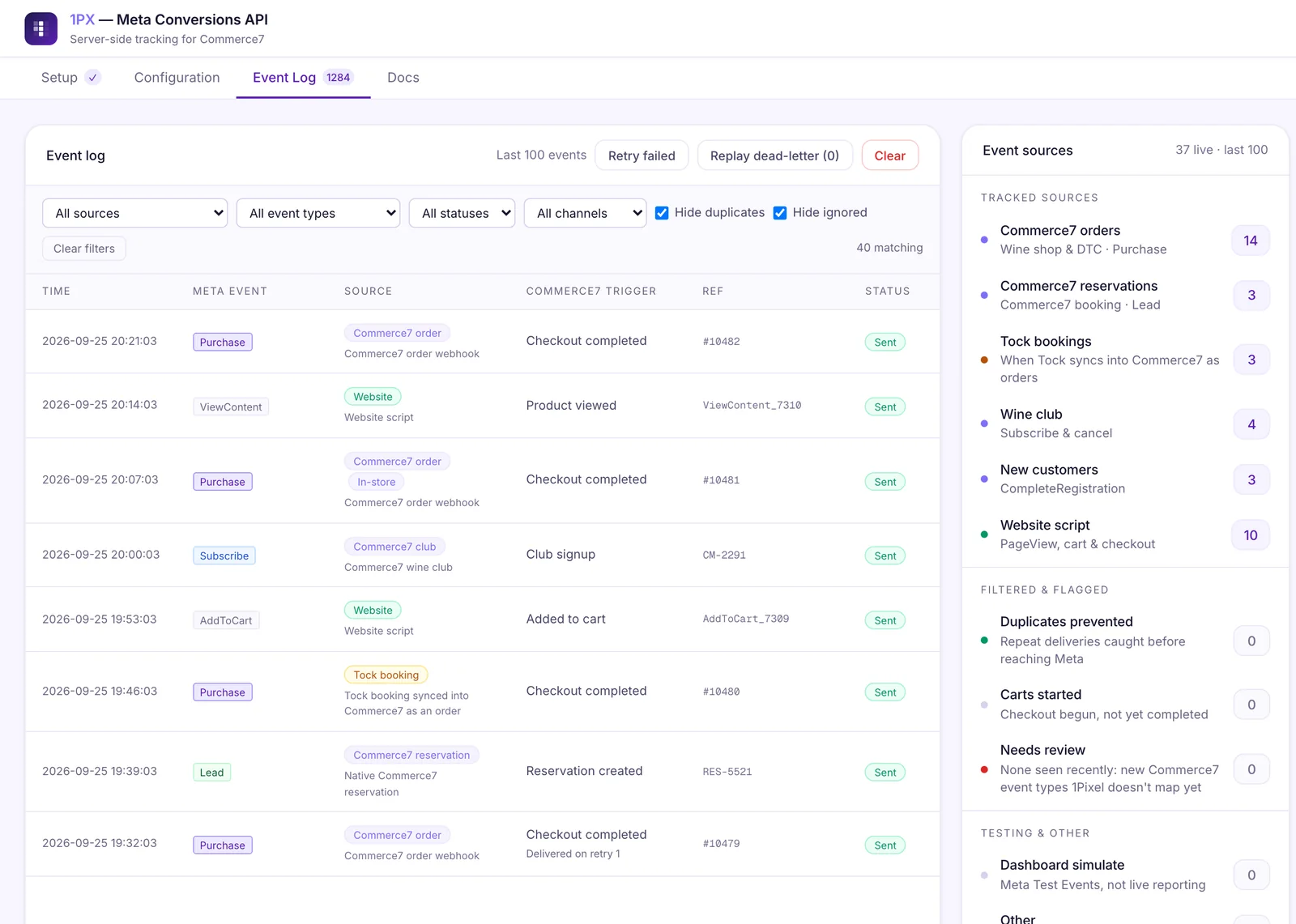 The 1Pixel Event Log with sample data: Purchase, Subscribe, Lead and website events, each with its Commerce7 source and a Sent status.