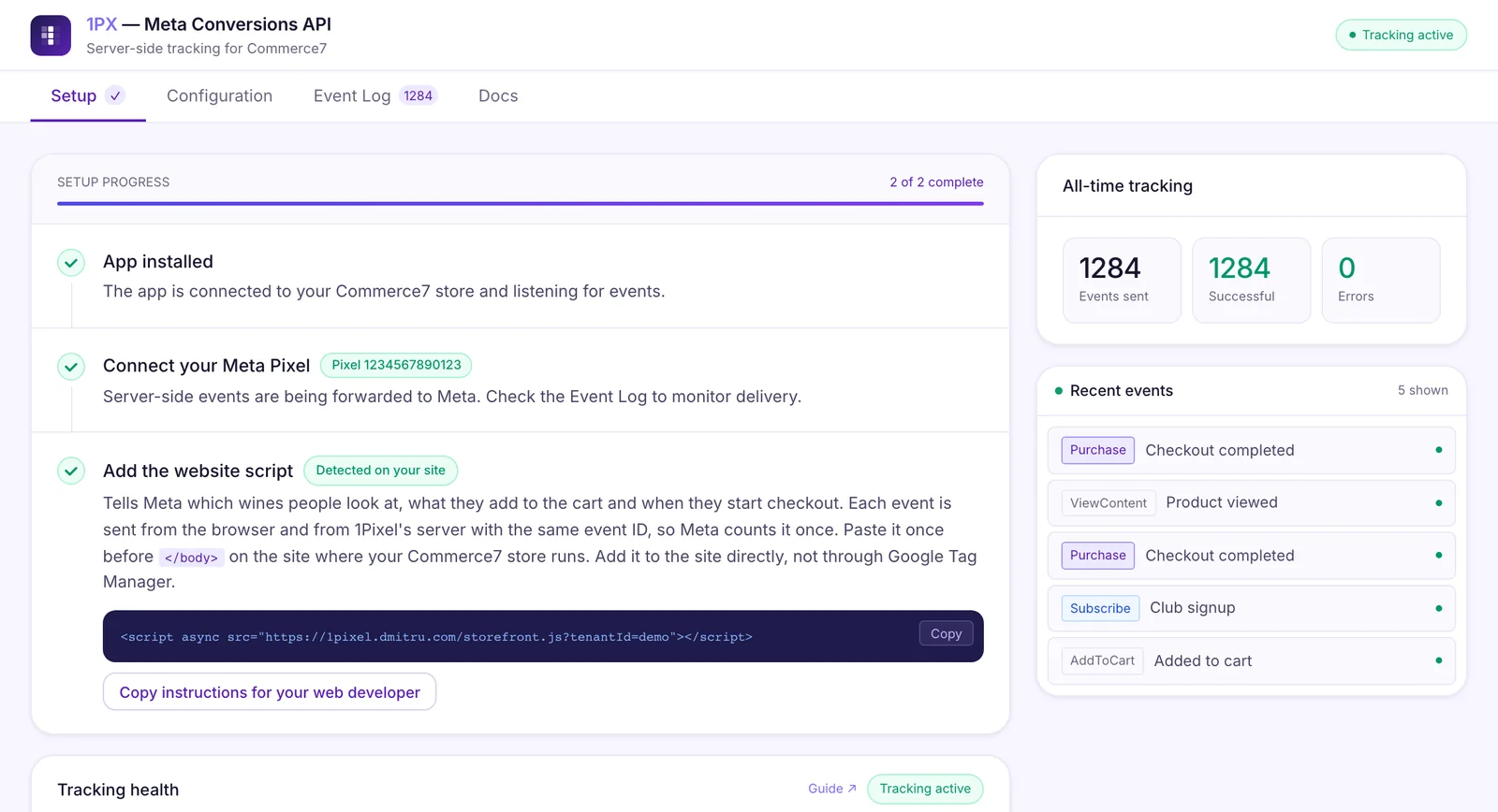 Setup tab with a completed checklist, all-time tracking totals and recent events