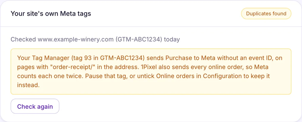 Site tag check warning that a Google Tag Manager tag also sends Purchase